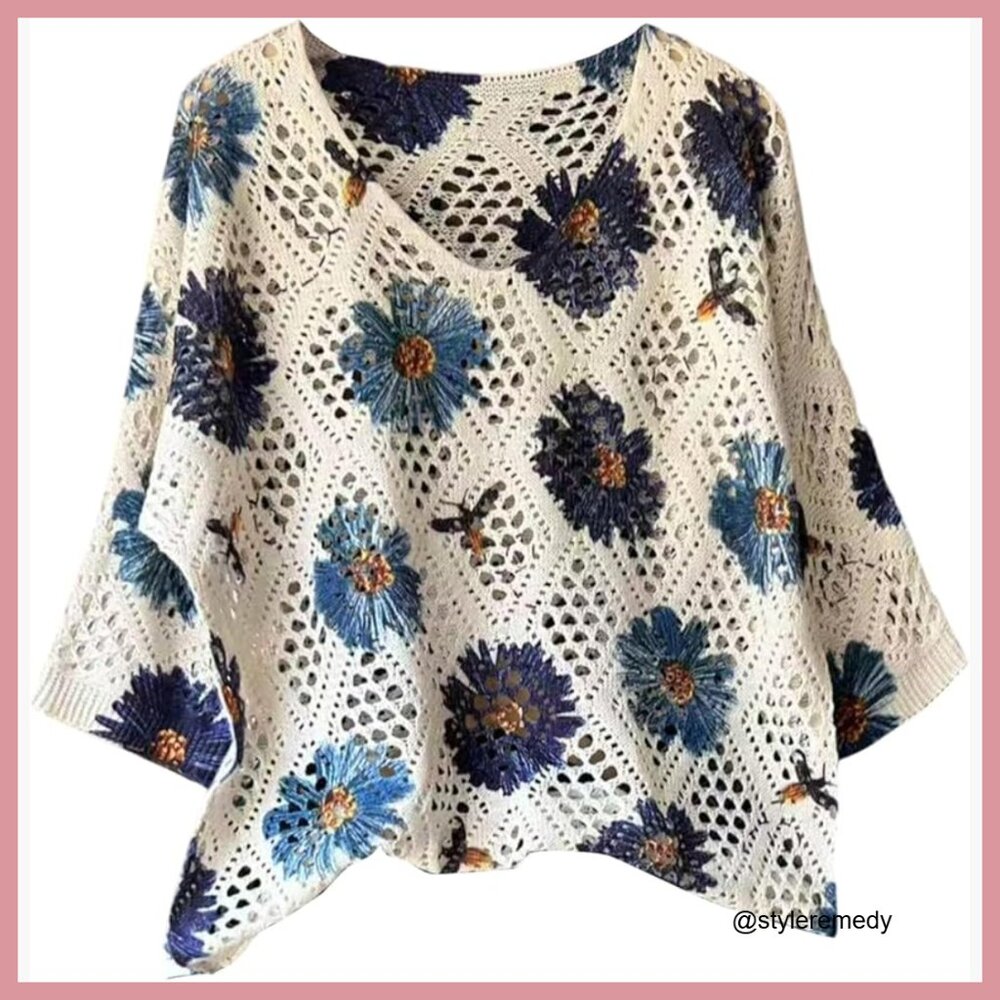 Floral Crochet Lightweight Sweater V-Neck 3/4 Sleeve Hollow Out Knitwear